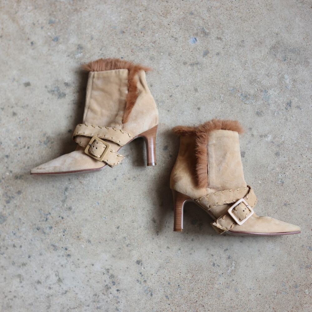 Antonio Melani Italian Leather Fur-Trim Heeled Stiletto Ankle Booties Size 6.5